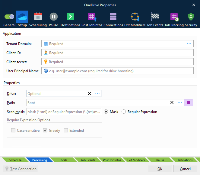 The Setup tab of the OneDrive input module's Properties window in Lasernet Core 11.2.